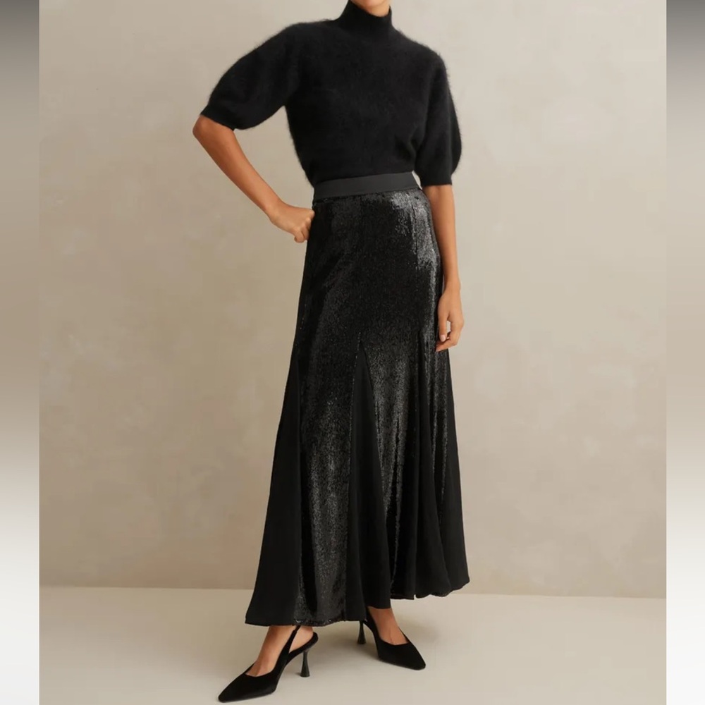 ✌️sold✌️Nwt ME+EM Sequin + Georgette Godet Maxi Skirt Sequinned Satin Black 10 - Picture 8 of 16